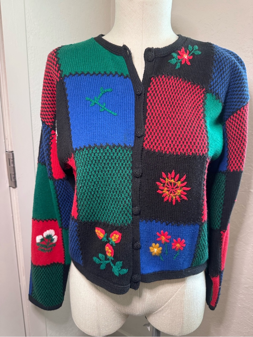 Susan Bristol Patchwork Floral Embroidered Cardigan - Black, Blue, Green, Red